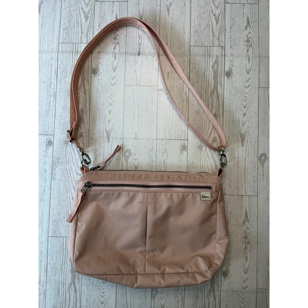 Aruna Mauve Pink Nylon Crossbody Bag Logo Strap Gorpcore Travel Utility
